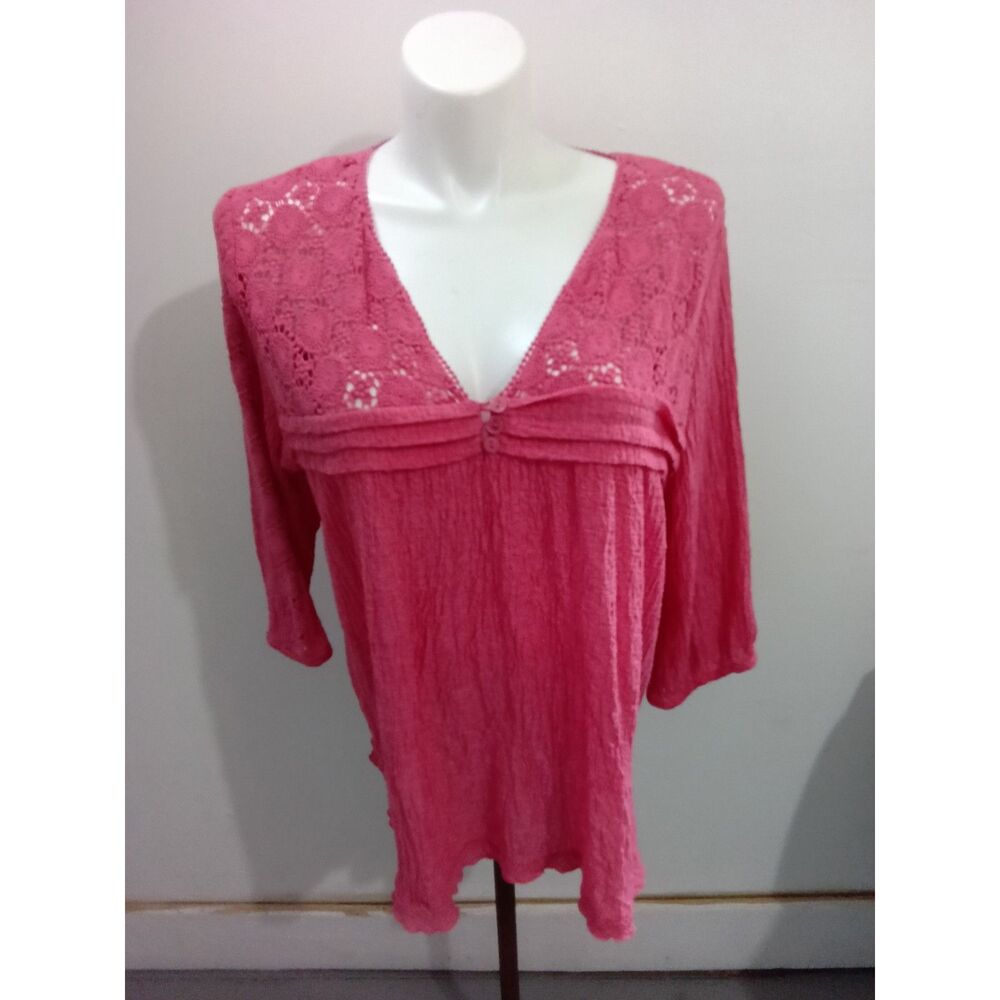 Solitaire Women's Coral Lace Yoke Tunic Top 3/4 Sleeve Size 3X
